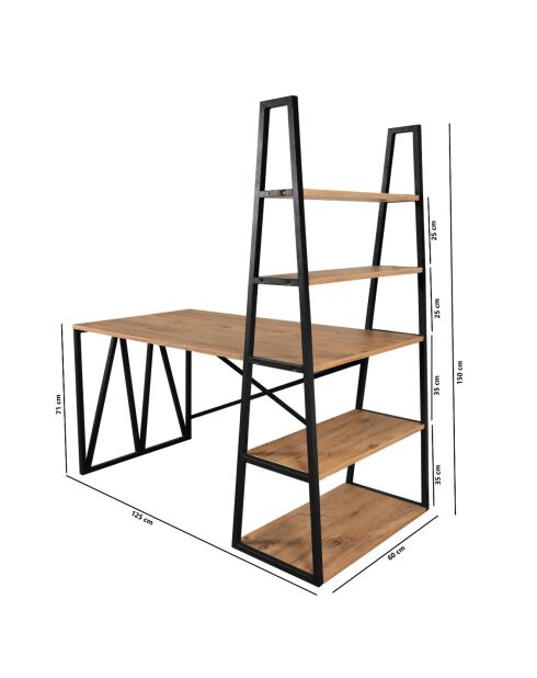 Bureau avec étagère Mirsa pin/noir - 125x150x60 cm