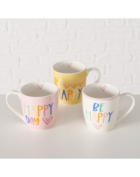 3 Tasses jumbo Happy multicolores - 9.5x13x10 cm