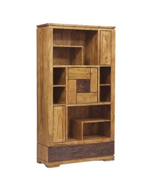 Bibliothèque bois sculpté bicolore acacia maya brun/miel - 110x40x200 cm