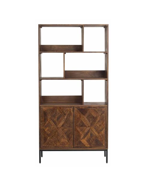 Bibliothèque 2 portes 6 niches manguier kama marron - 90x40x180 cm