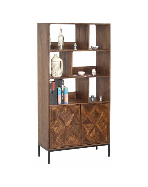 Bibliothèque 2 portes 6 niches manguier kama marron - 90x40x180 cm