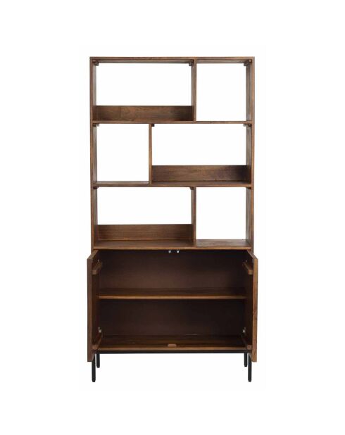 Bibliothèque 2 portes 6 niches manguier kama marron - 90x40x180 cm