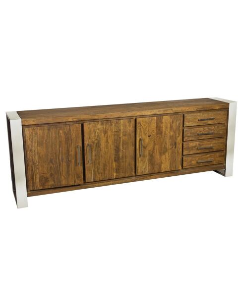 Buffet 3 portes 4 tiroirs gm acacia stainless marron - 219x45x85 cm
