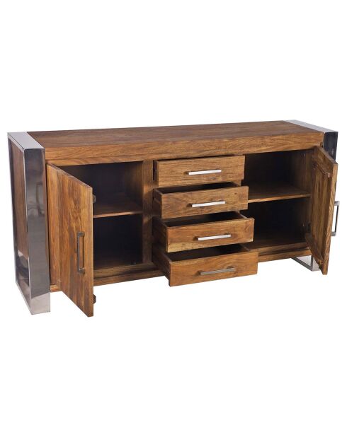 Buffet 2 portes 4 tiroirs pm acacia stainless marron - 159x45x85 cm