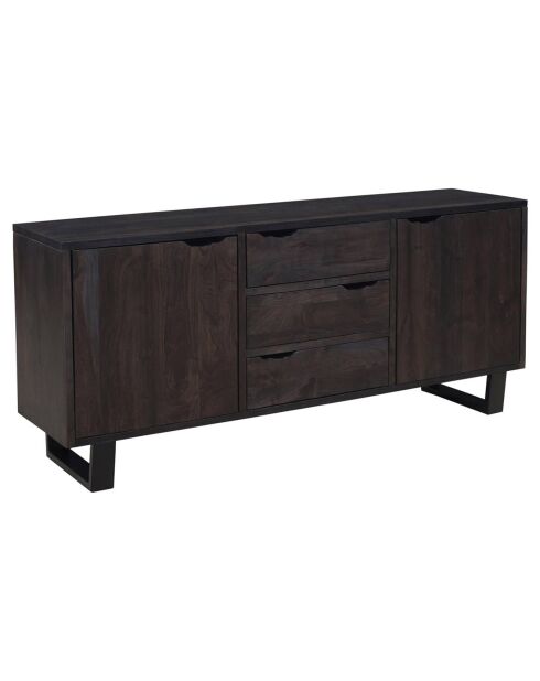 Buffet 2 portes 3 tiroirs en acacia massif et métal black forest noir - 180x45x80 cm