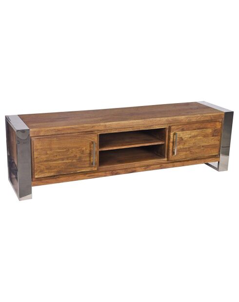 Meuble tv 2 portes acacia stainless marron - 170x45x55 cm