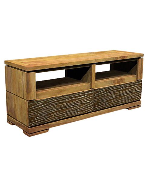 Meuble tv bois sculpté bicolore acacia maya marron - 130x40x55 cm