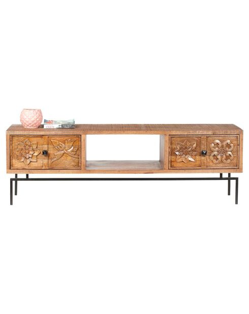 Meuble tv 2 tiroirs, 1 niche manguier Sculpture naturel - 158x50x57 cm