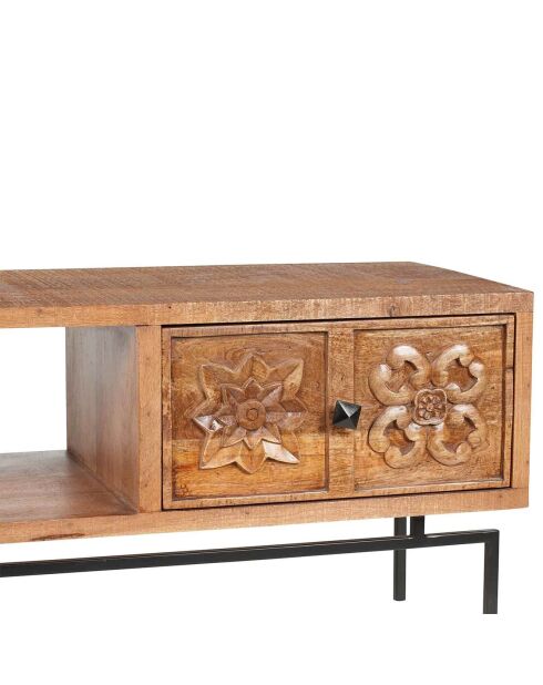 Meuble tv 2 tiroirs, 1 niche manguier Sculpture naturel - 158x50x57 cm