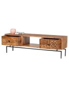Meuble tv 2 tiroirs, 1 niche manguier Sculpture naturel - 158x50x57 cm