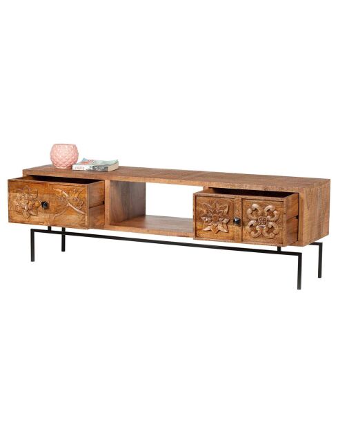 Meuble tv 2 tiroirs, 1 niche manguier Sculpture naturel - 158x50x57 cm