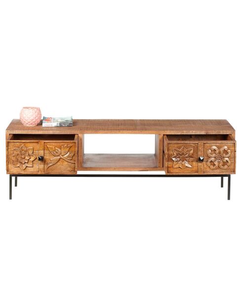 Meuble tv 2 tiroirs, 1 niche manguier Sculpture naturel - 158x50x57 cm