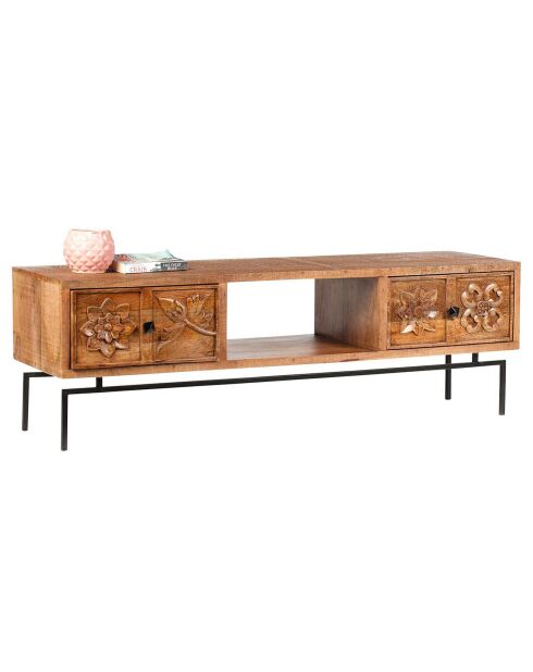 Meuble tv 2 tiroirs, 1 niche manguier Sculpture naturel - 158x50x57 cm