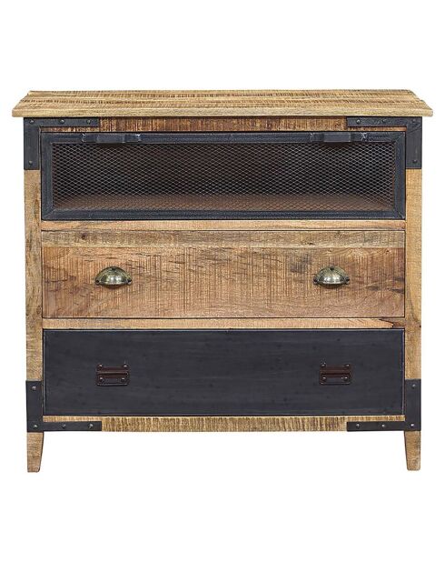 Commode 3 tiroirs bois brut et métal manguier farm marron - 100x45x90 cm