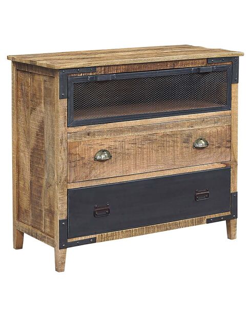 Commode 3 tiroirs bois brut et métal manguier farm marron - 100x45x90 cm