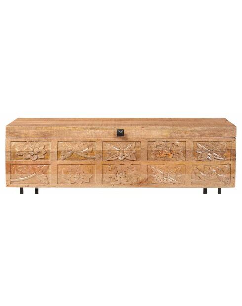 Coffre sculpté bois métal manguier sculture marron - 100x40x45 cm