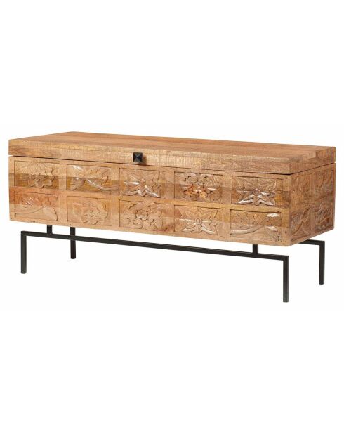 Coffre sculpté bois métal manguier sculture marron - 100x40x45 cm