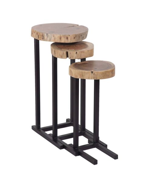 3 Tables basses gigognes acacia et métal naturel - 38x38x70 cm