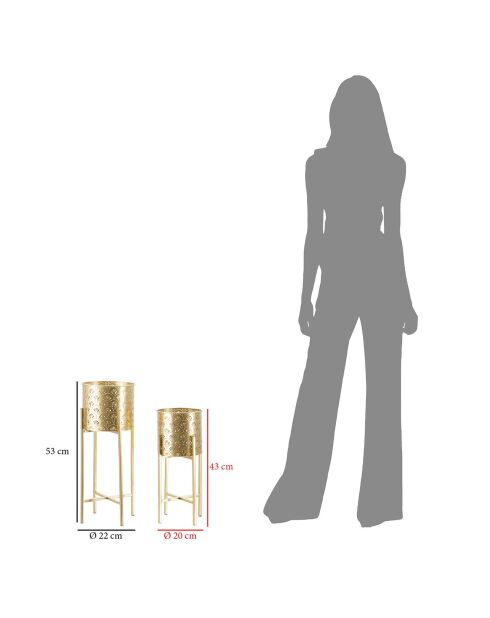 2 gouden Golvy potten op standaard - 22,5x22,5x52 cm