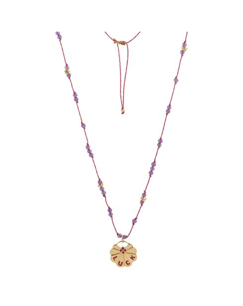 Collier mini Luck en plaqué Or gravé laqué & lien Améthyste rose
