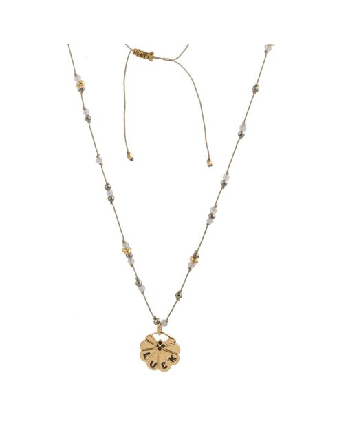 Collier mini Luck en plaqué Or gravé laqué & lien Labradorite noir