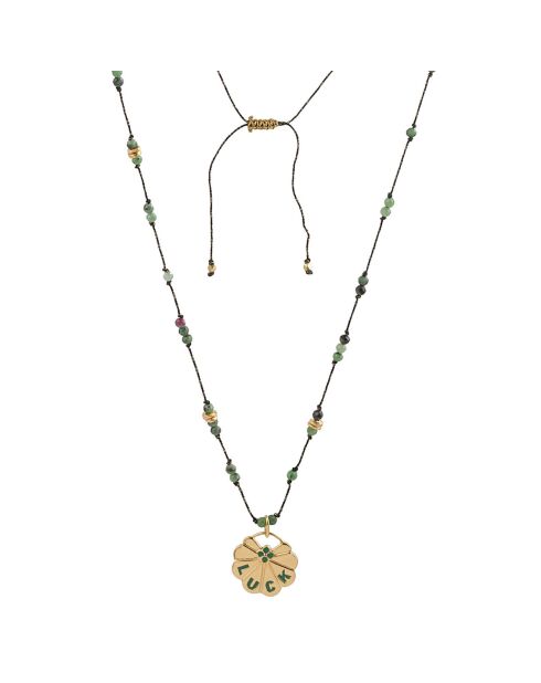 Collier mini Luck en plaqué Or gravé laqué & lien Zoisite sapin