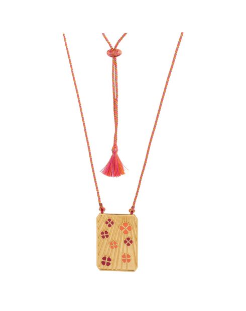 Pendentif Flower Power en plaqué Or gravé laqué rose/corail