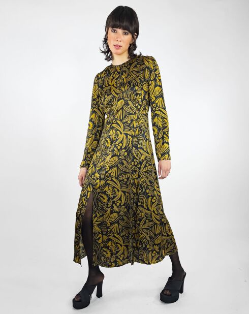 Robe Imane satinée imprimée jaune/noir