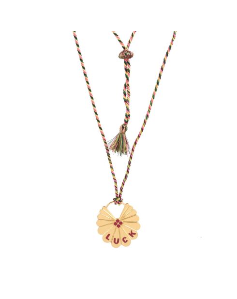 Pendentif Luck en plaqué Or gravé laqué fuchsia