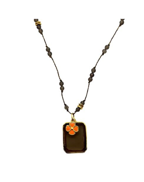 Collier mini Flower Power en plaqué Or & Quartz fumé laqué corail