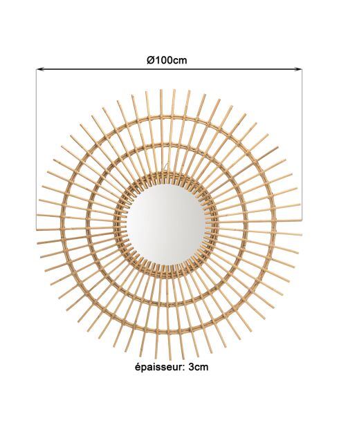 Miroir rond modèle soleil en rotin kally miel - D.100 cm