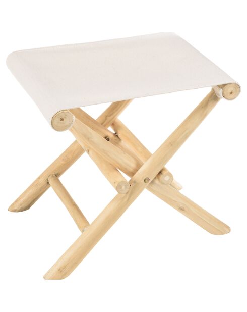 Tabouret pliant en branches de teck assise tissu will naturel - 50x37x45 cm