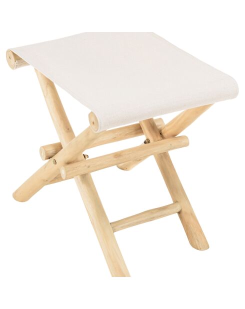 Tabouret pliant en branches de teck assise tissu will naturel - 50x37x45 cm