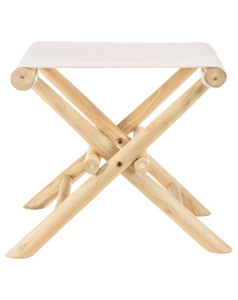 Tabouret pliant en branches de teck assise tissu will naturel - 50x37x45 cm