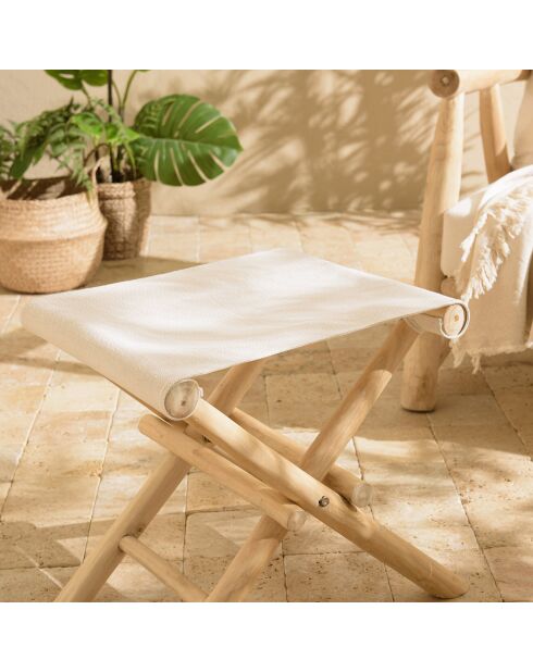 Tabouret pliant en branches de teck assise tissu will naturel - 50x37x45 cm