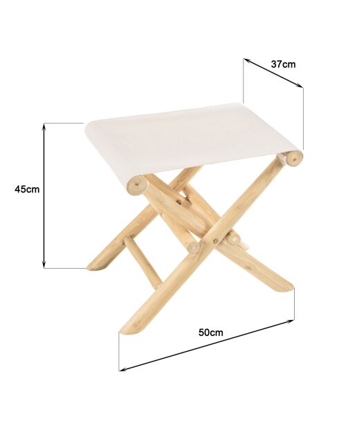 Tabouret pliant en branches de teck assise tissu will naturel - 50x37x45 cm