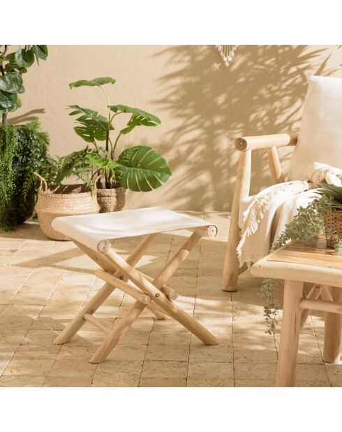 Tabouret pliant en branches de teck assise tissu will naturel - 50x37x45 cm