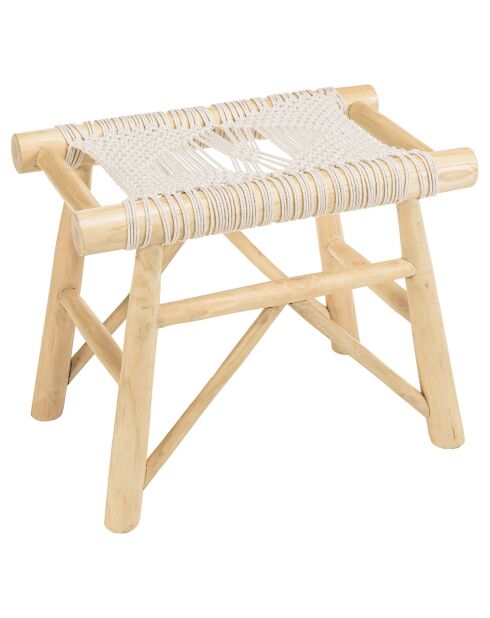 Tabouret en branches de teck assise en macramé will naturel - 55x35x46 cm