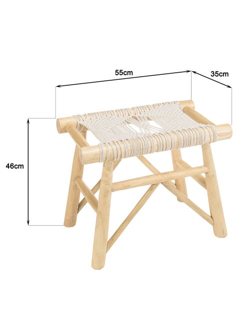 Tabouret en branches de teck assise en macramé will naturel - 55x35x46 cm