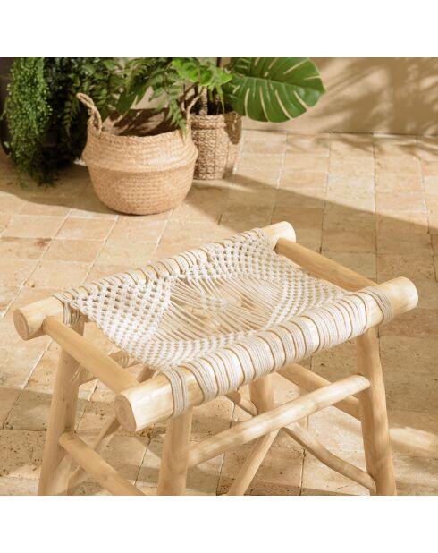 Tabouret en branches de teck assise en macramé will naturel - 55x35x46 cm