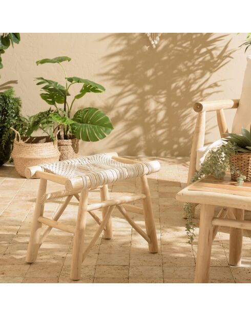 Tabouret en branches de teck assise en macramé will naturel - 55x35x46 cm