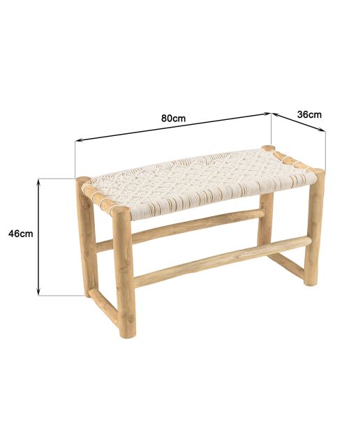 Banc en branches de teck assise en macramé will naturel - 80x36x46 cm