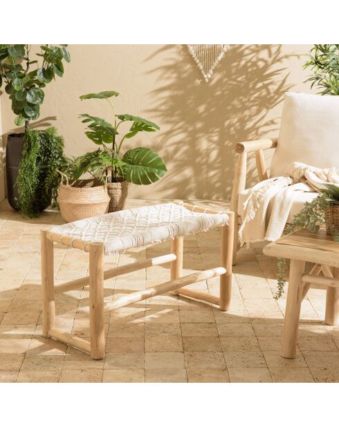 Banc en branches de teck assise en macramé will naturel - 80x36x46 cm