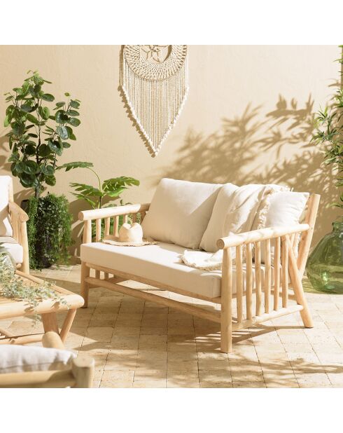 Canapé 2 place en branches de teck coussins naturel - 131x82x80 cm