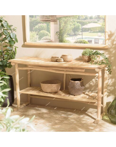 Console double plateau en branches de teck will naturel - 156x55x84 cm