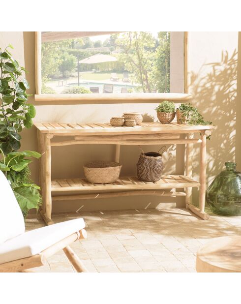Console double plateau en branches de teck will naturel - 156x55x84 cm