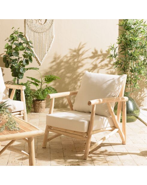 Fauteuil madura en branches de teck coussins naturel - 72x88x90 cm