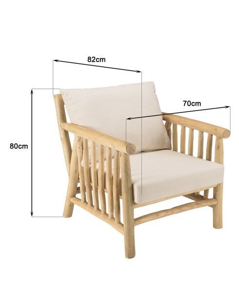 Fauteuil borneo en branches de teck coussins naturel - 70x82x80 cm
