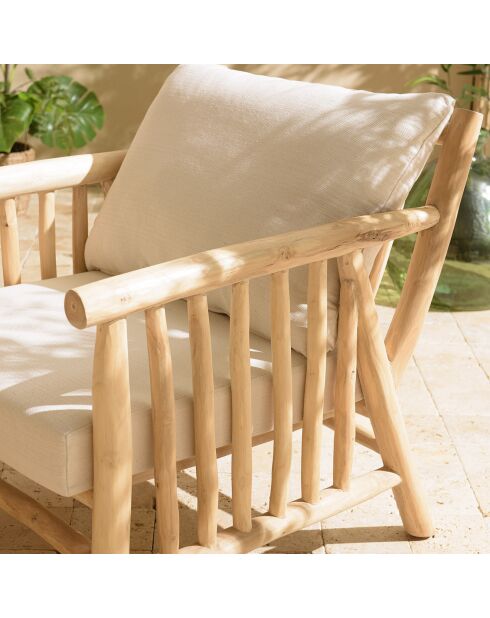 Fauteuil borneo en branches de teck coussins naturel - 70x82x80 cm