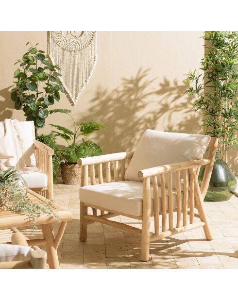 Fauteuil borneo en branches de teck coussins naturel - 70x82x80 cm